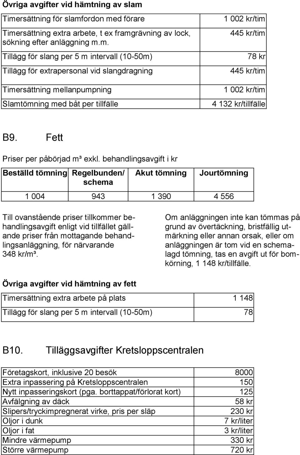 Timersättning för slamfordon med förare Timersättning extra arbete, t ex framgrävning av lock, sökning efter anläggning m.m. Tillägg för slang per 5 m intervall (10-50m) Tillägg för extrapersonal vid