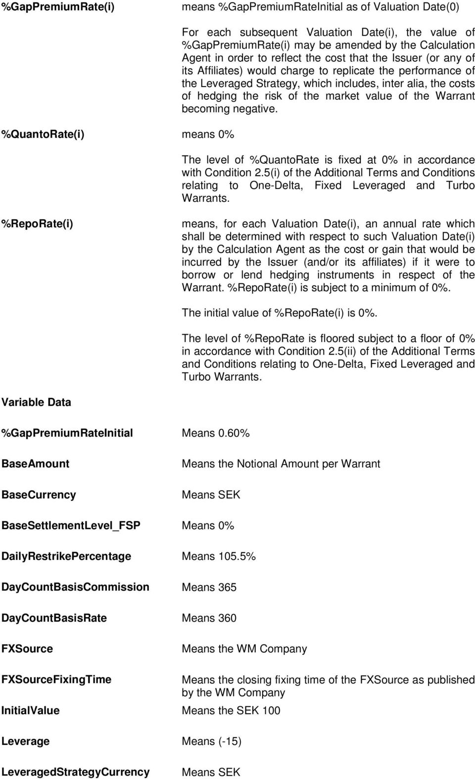 hedging the risk of the market value of the Warrant becoming negative. The level of %QuantoRate is fixed at 0% in accordance with Condition 2.