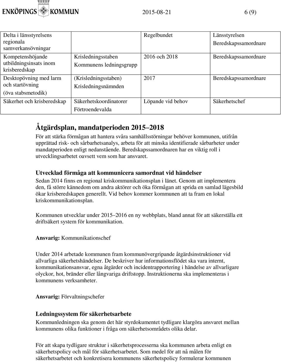 Beredskapssamordnare 2017 Beredskapssamordnare Löpande vid behov Säkerhetschef Åtgärdsplan, mandatperioden 2015 2018 För att stärka förmågan att hantera svåra samhällsstörningar behöver kommunen,