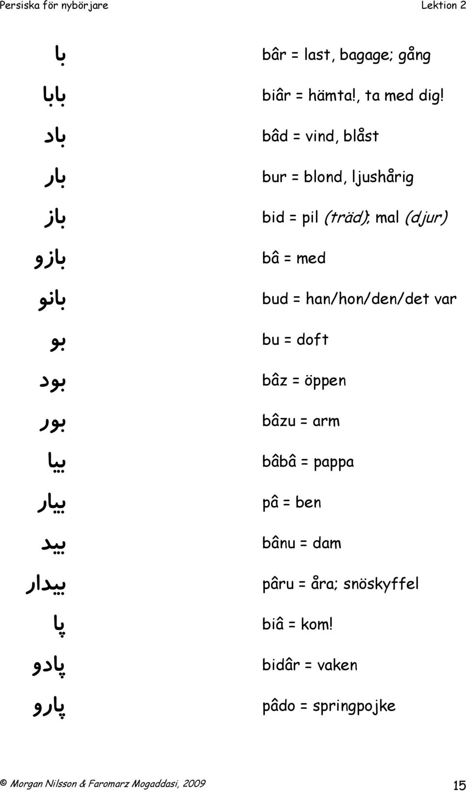 bâd = vind, blåst bur = blond, ljushårig bid = pil (träd); mal (djur) bâ = med bud = han/hon/den/det