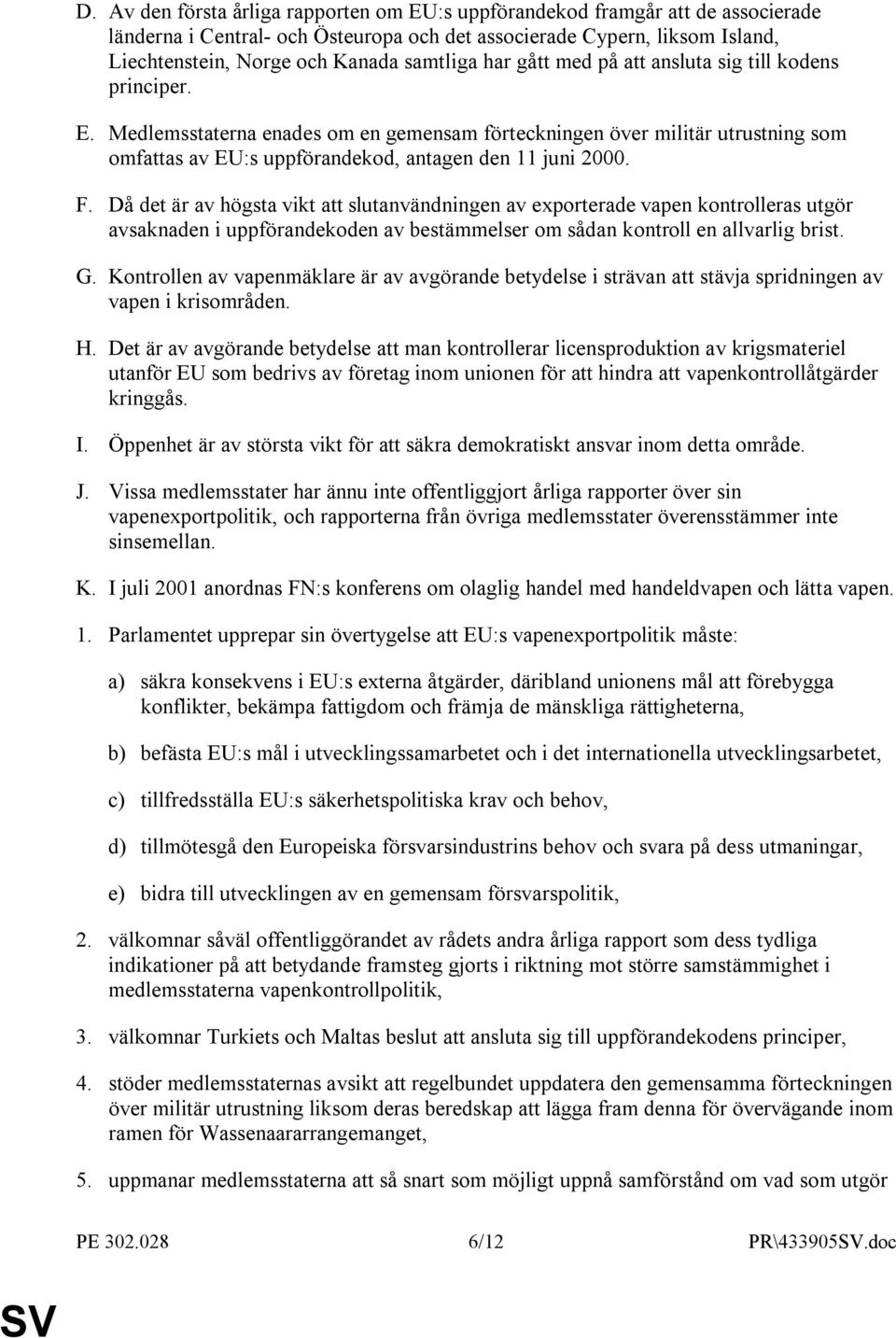 Medlemsstaterna enades om en gemensam förteckningen över militär utrustning som omfattas av EU:s uppförandekod, antagen den 11 juni 2000. F.