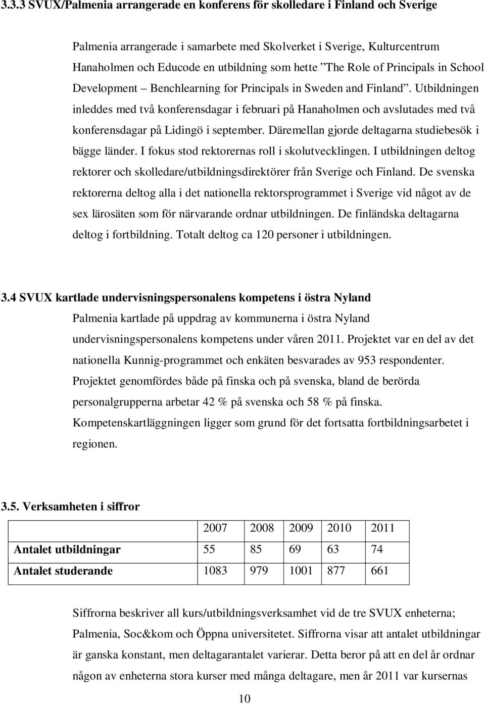 Utbildningen inleddes med två konferensdagar i februari på Hanaholmen och avslutades med två konferensdagar på Lidingö i september. Däremellan gjorde deltagarna studiebesök i bägge länder.