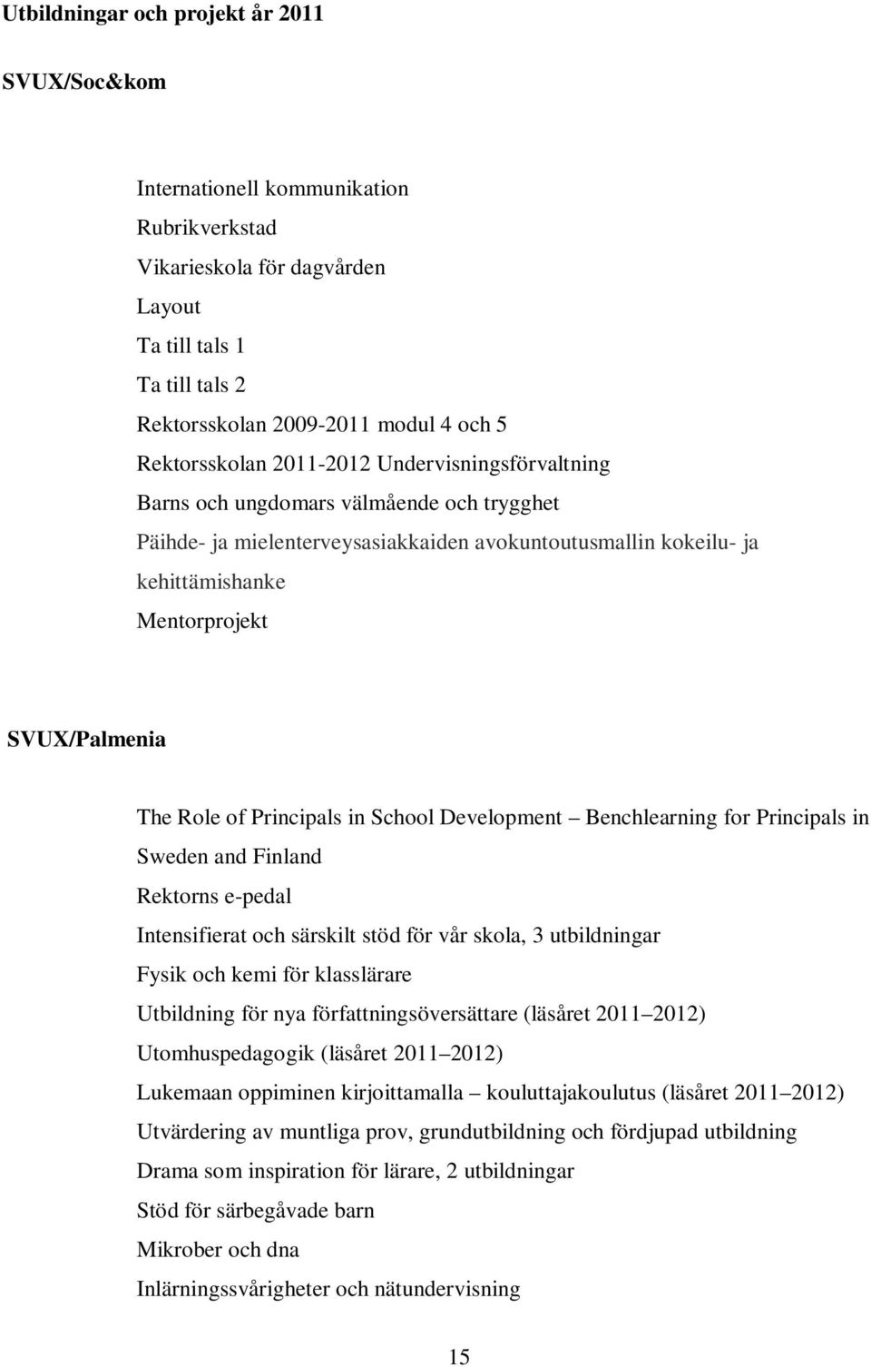 SVUX/Palmenia The Role of Principals in School Development Benchlearning for Principals in Sweden and Finland Rektorns e-pedal Intensifierat och särskilt stöd för vår skola, 3 utbildningar Fysik och