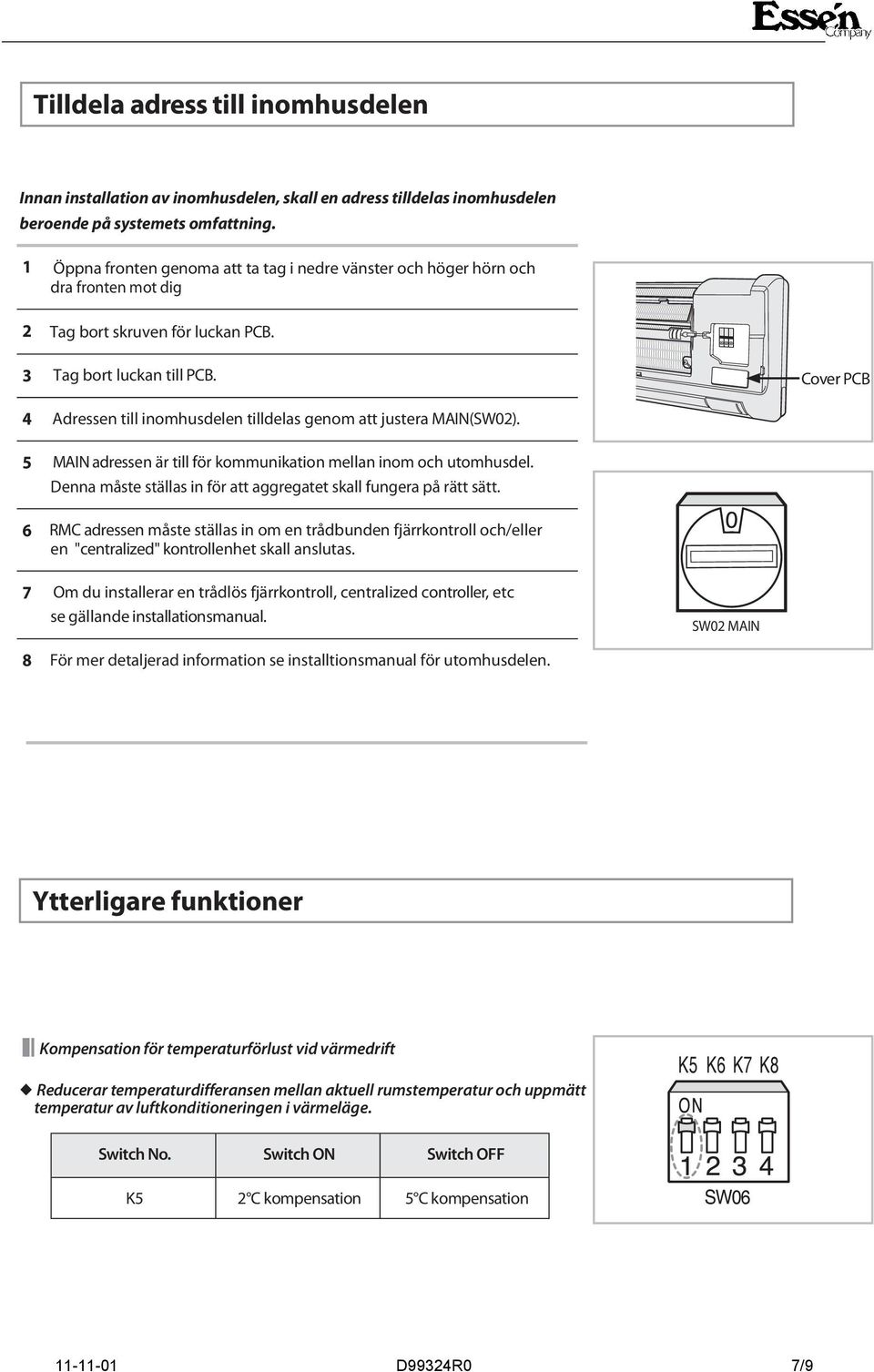 Cover PCB 4 Adressen till inomhusdelen tilldelas genom att justera MAIN(SW02). 5 MAIN adressen är till för kommunikation mellan inom och utomhusdel.