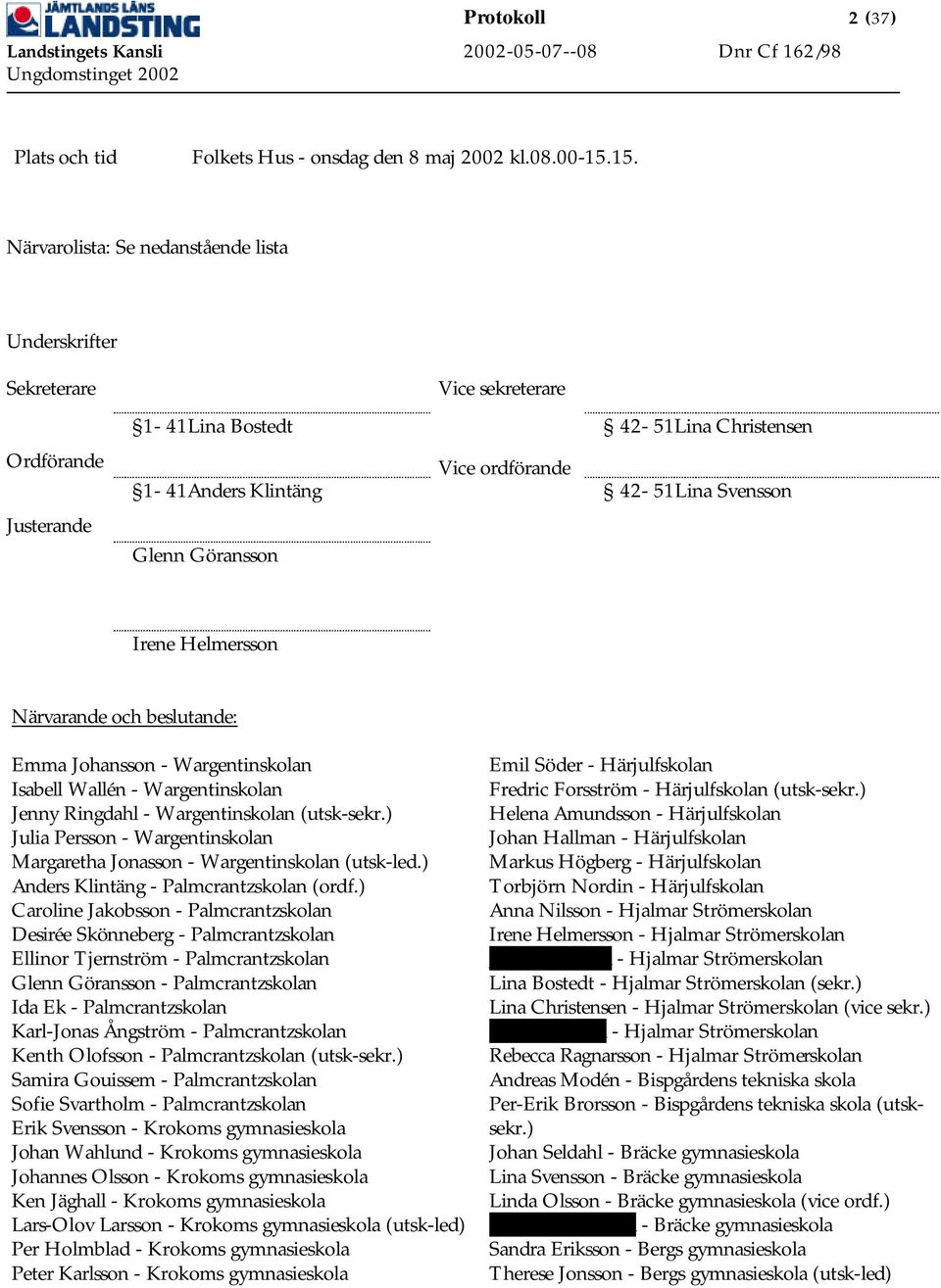 Glenn Göransson Irene Helmersson Närvarande och beslutande: Emma Johansson - Wargentinskolan Isabell Wallén - Wargentinskolan Jenny Ringdahl - Wargentinskolan (utsk-sekr.