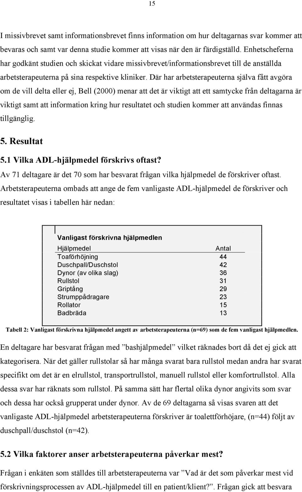 Där har arbetsterapeuterna själva fått avgöra om de vill delta eller ej, Bell (2000) menar att det är viktigt att ett samtycke från deltagarna är viktigt samt att information kring hur resultatet och