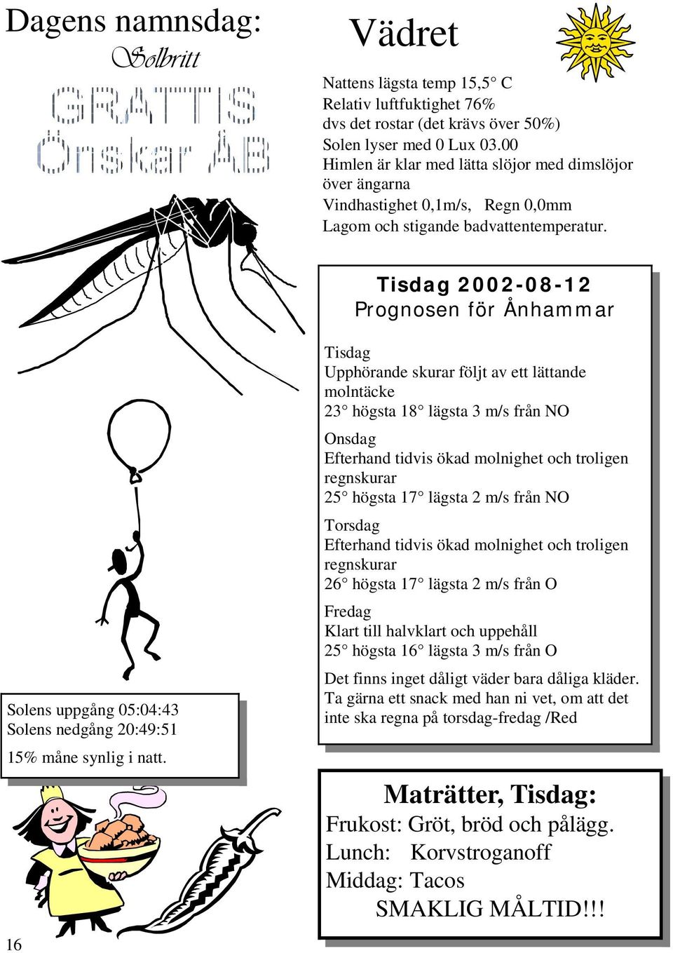 Tisdag 2002-08-12 Prognosen för Ånhammar Solens uppgång 05:04:43 Solens nedgång 20:49:51 15% måne synlig i natt.