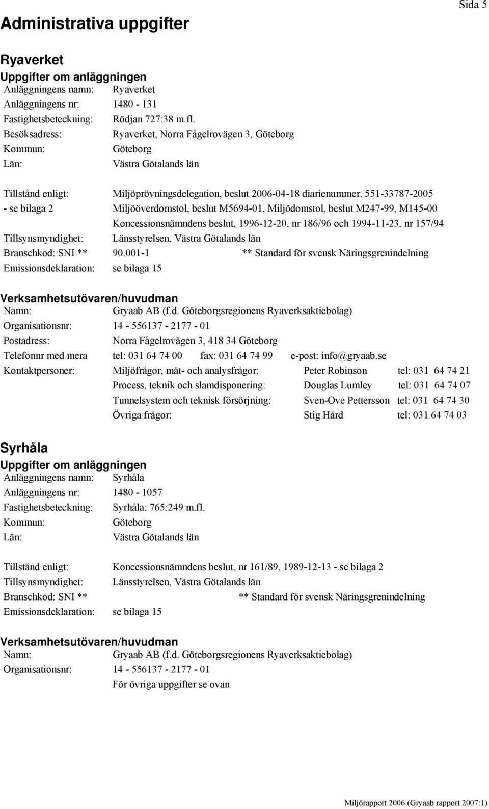 551-787-2005 - se bilaga 2 Miljööverdomstol, beslut M5694-01, Miljödomstol, beslut M247-99, M145-00 Koncessionsnämndens beslut, 1996-12-20, nr 186/96 och 1994-11-2, nr 157/94 Tillsynsmyndighet: