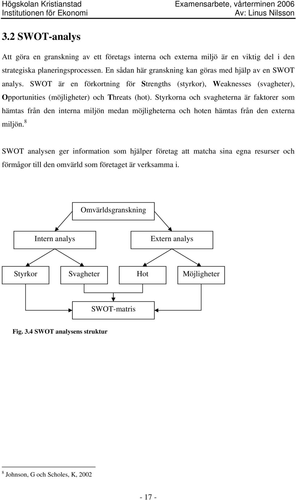 Styrkorna och svagheterna är faktorer som hämtas från den interna miljön medan möjligheterna och hoten hämtas från den externa miljön.