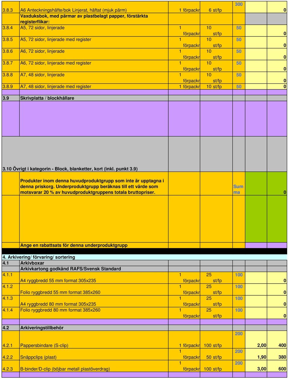 8.9 A7, 48 sidor, linjerade med register 1 förpackn 1 st/fp 5 3.9 Skrivplatta / blockhållare 3.1 Övrigt i kategorin - Block, blanketter, kort (inkl. punkt 3.