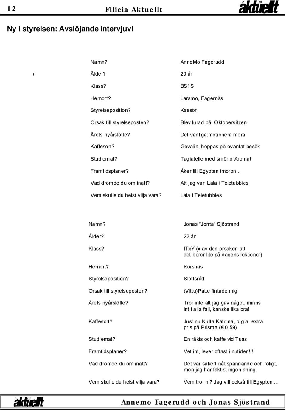 AnneMo Fagerudd 20 år BS1S Larsmo, Fagernäs Kassör Blev lurad på Oktobersitzen Det vanliga:motionera mera Gevalia, hoppas på oväntat besök Tagiatelle med smör o Aromat Åker till Egypten imoron.