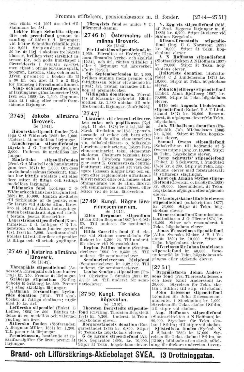 d. lärjungar; männa läroverk. Glhson-Dronstedts sttpendiefoud (lng. C GNorström 1899) vid lektor Schmidts frånfälle 1901) kr. 2,091. Stip.endier å minst Se [1843]. Per Lindslims stipendiefond,kr. kr. 10;000.