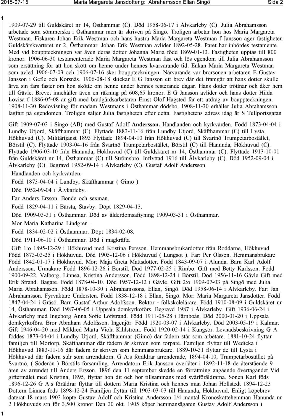 Fiskaren Johan Erik Westman och hans hustru Maria Margareta Westman f Jansson äger fastigheten Guldskärskvarteret nr 2, Östhammar. Johan Erik Westman avlider 892-05-28. Paret har inbördes testamente.