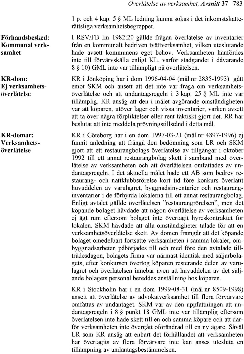 I RSV/FB Im 1982:20 gällde frågan överlåtelse av inventarier från en kommunalt bedriven tvättverksamhet, vilken uteslutande hade avsett kommunens eget behov.