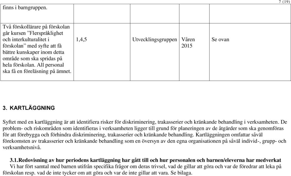 All personal ska få en föreläsning på ämnet. 1,4,5 Utvecklingsgruppen Våren 2015 Se ovan 3.