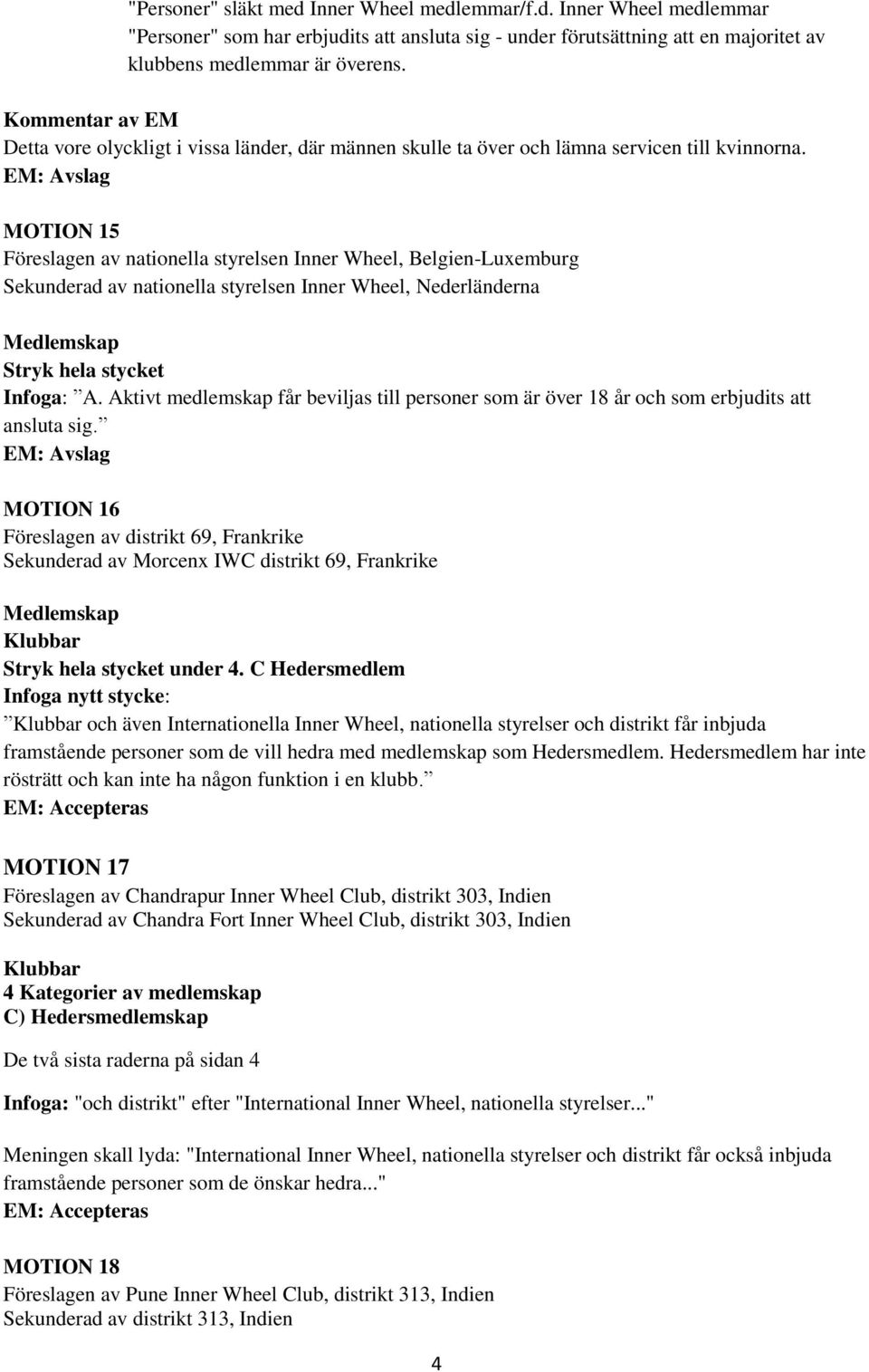 MOTION 15 Föreslagen av nationella styrelsen Inner Wheel, Belgien-Luxemburg Sekunderad av nationella styrelsen Inner Wheel, Nederländerna Stryk hela stycket Infoga: A.