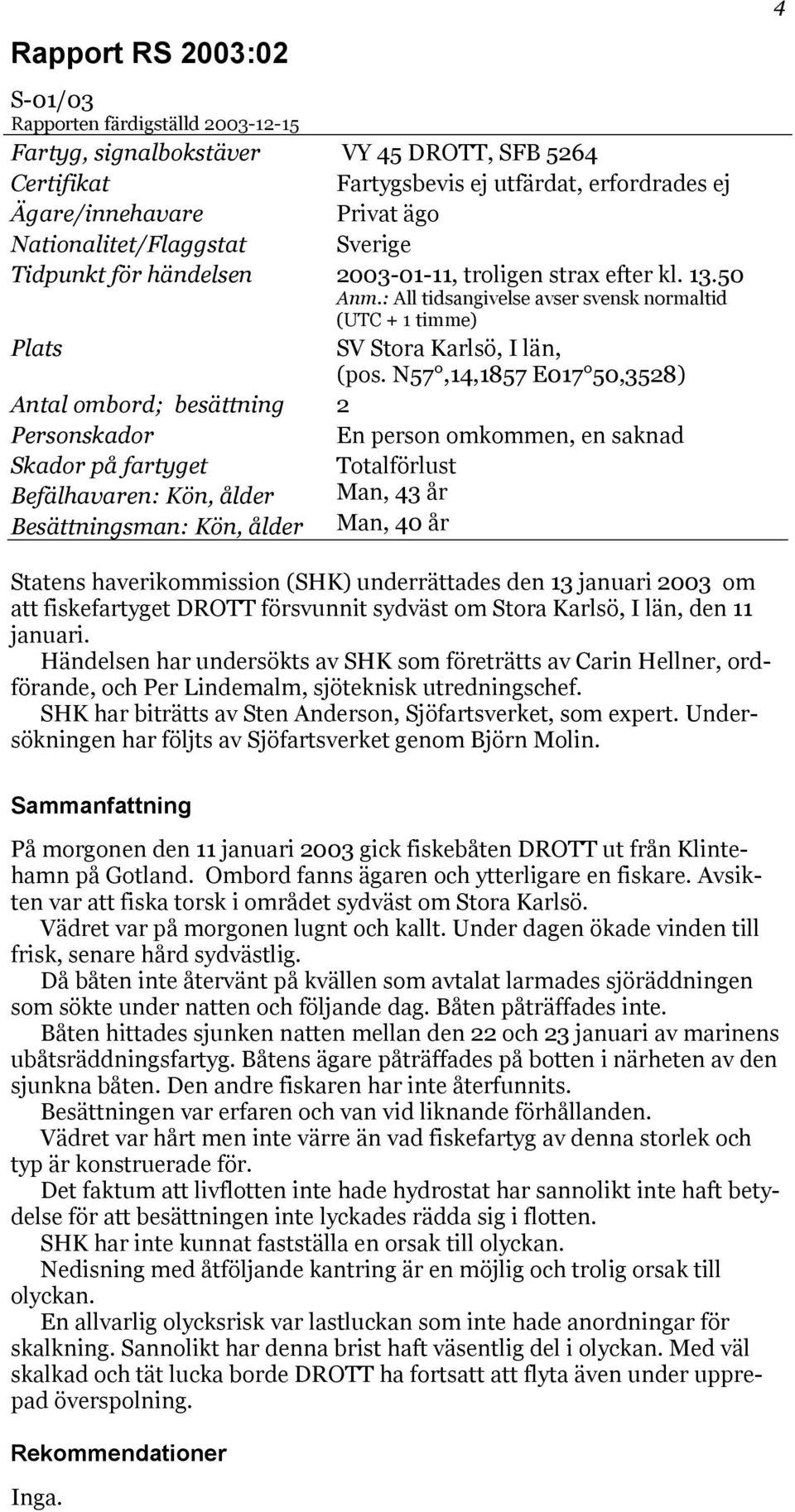 N57,14,1857 E017 50,3528) Antal ombord; besättning 2 Personskador En person omkommen, en saknad Skador på fartyget Totalförlust Befälhavaren: Kön, ålder Man, 43 år Besättningsman: Kön, ålder Man, 40