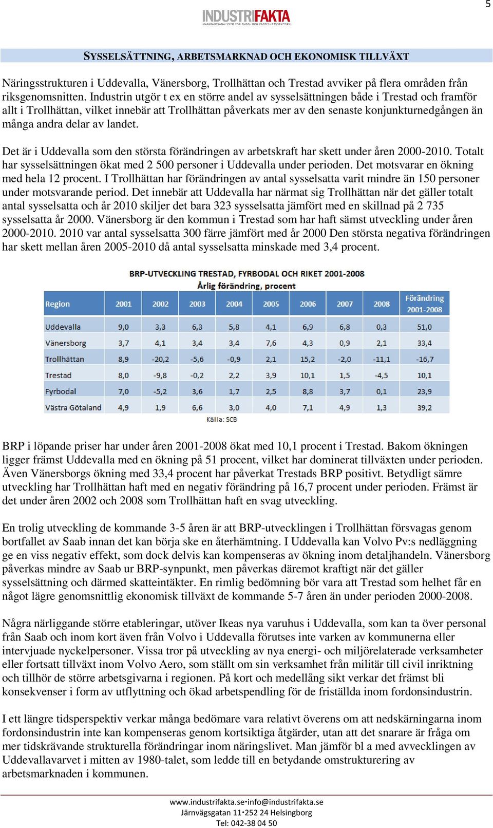 delar av landet. Det är i Uddevalla som den största förändringen av arbetskraft har skett under åren 2000-2010. Totalt har sysselsättningen ökat med 2 500 personer i Uddevalla under perioden.