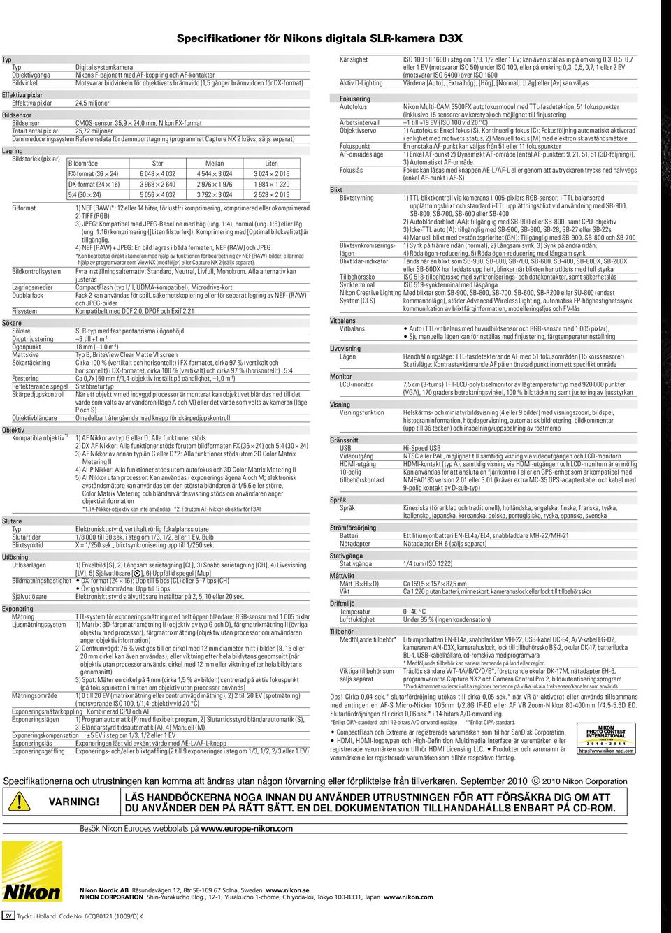 Dammreduceringssystem Referensdata för dammborttagning (programmet Capture NX 2 krävs; säljs separat) Lagring Bildstorlek (pixlar) Filformat Bildkontrollsystem Lagringsmedier Dubbla fack 1) NEF