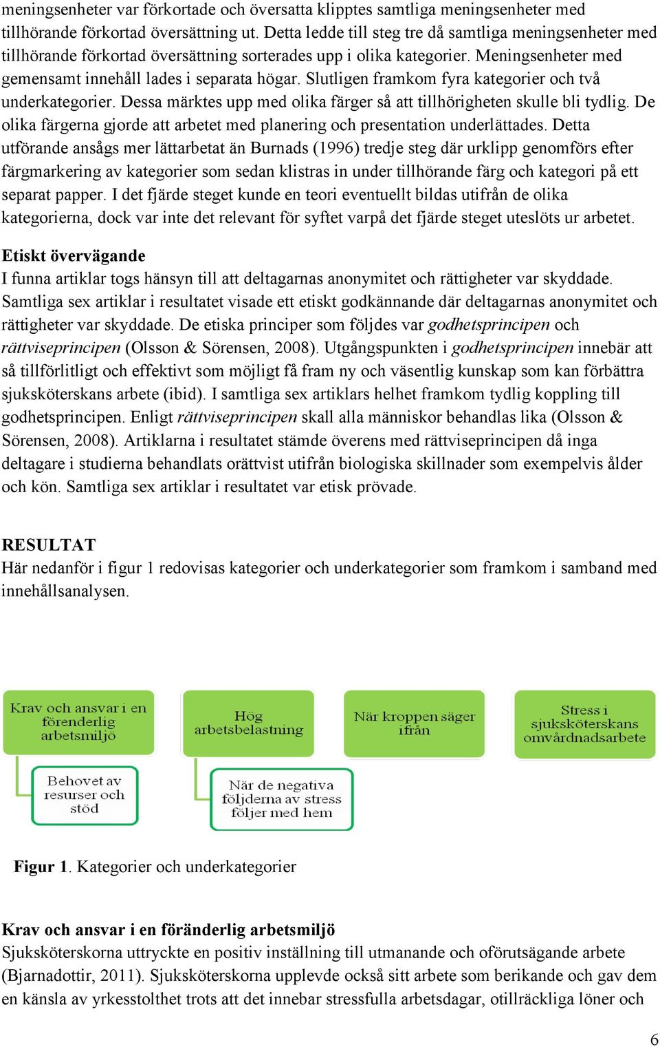 Slutligen framkom fyra kategorier och två underkategorier. Dessa märktes upp med olika färger så att tillhörigheten skulle bli tydlig.