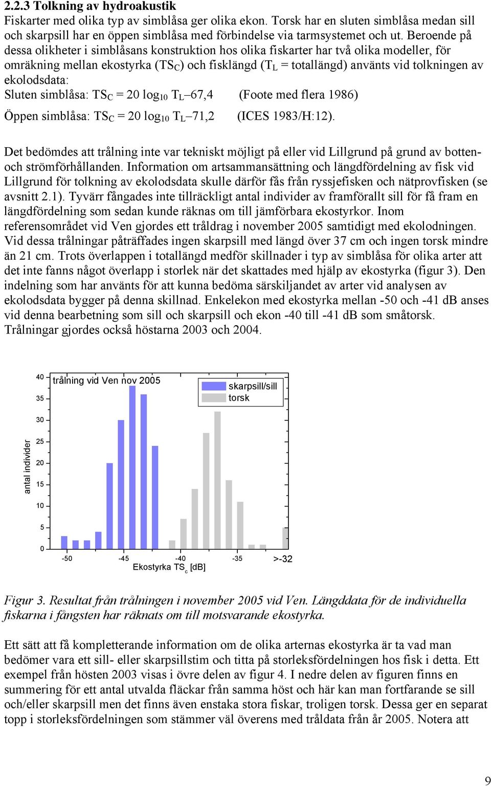 ekolodsdata: Sluten simblåsa: TS C = 2 log 1 T L 67,4 (Foote med flera 1986) Öppen simblåsa: TS C = 2 log 1 T L 71,2 (ICES 1983/H:12).