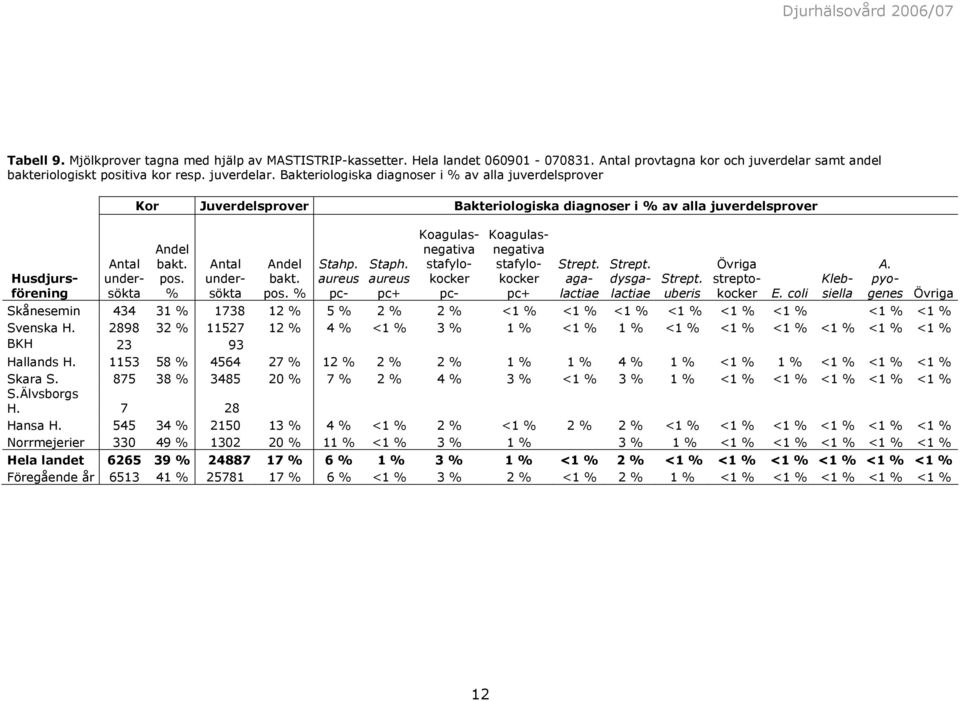 Bakteriologiska diagnoser i % av alla juverdelsprover Husdjursförening Antal undersökta Kor Juverdelsprover Bakteriologiska diagnoser i % av alla juverdelsprover Andel bakt. pos.