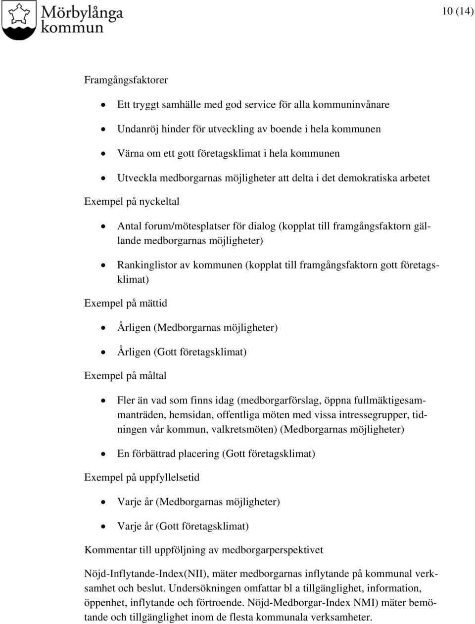 Rankinglistor av kommunen (kopplat till framgångsfaktorn gott företagsklimat) Exempel på mättid Årligen (Medborgarnas möjligheter) Årligen (Gott företagsklimat) Exempel på måltal Fler än vad som