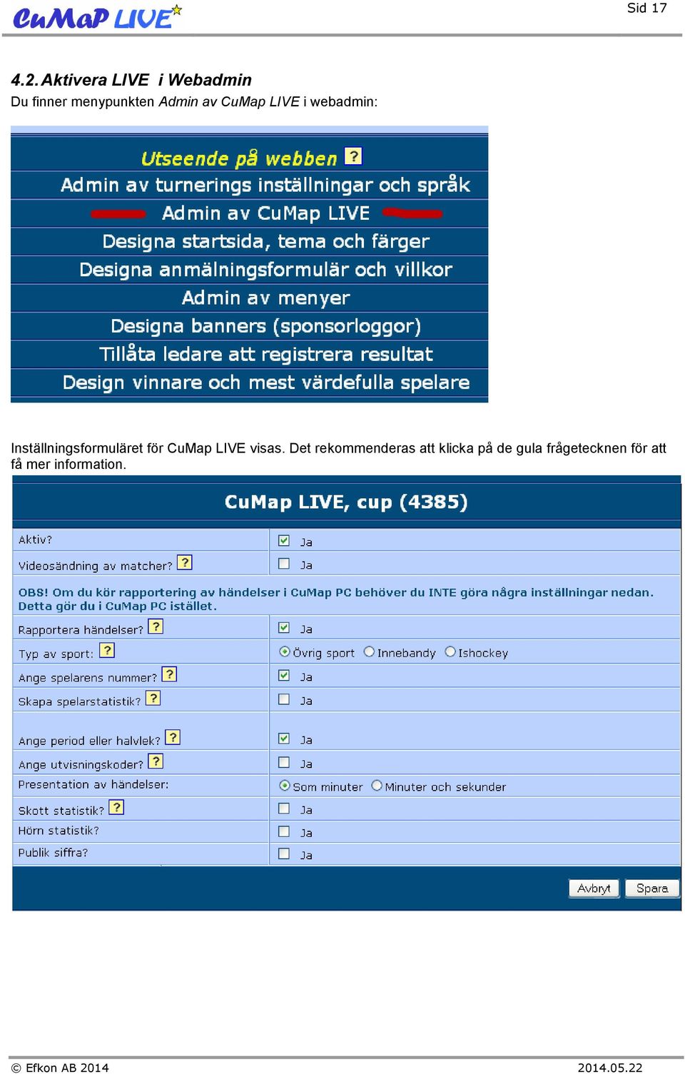 av CuMap LIVE i webadmin: Inställningsformuläret för