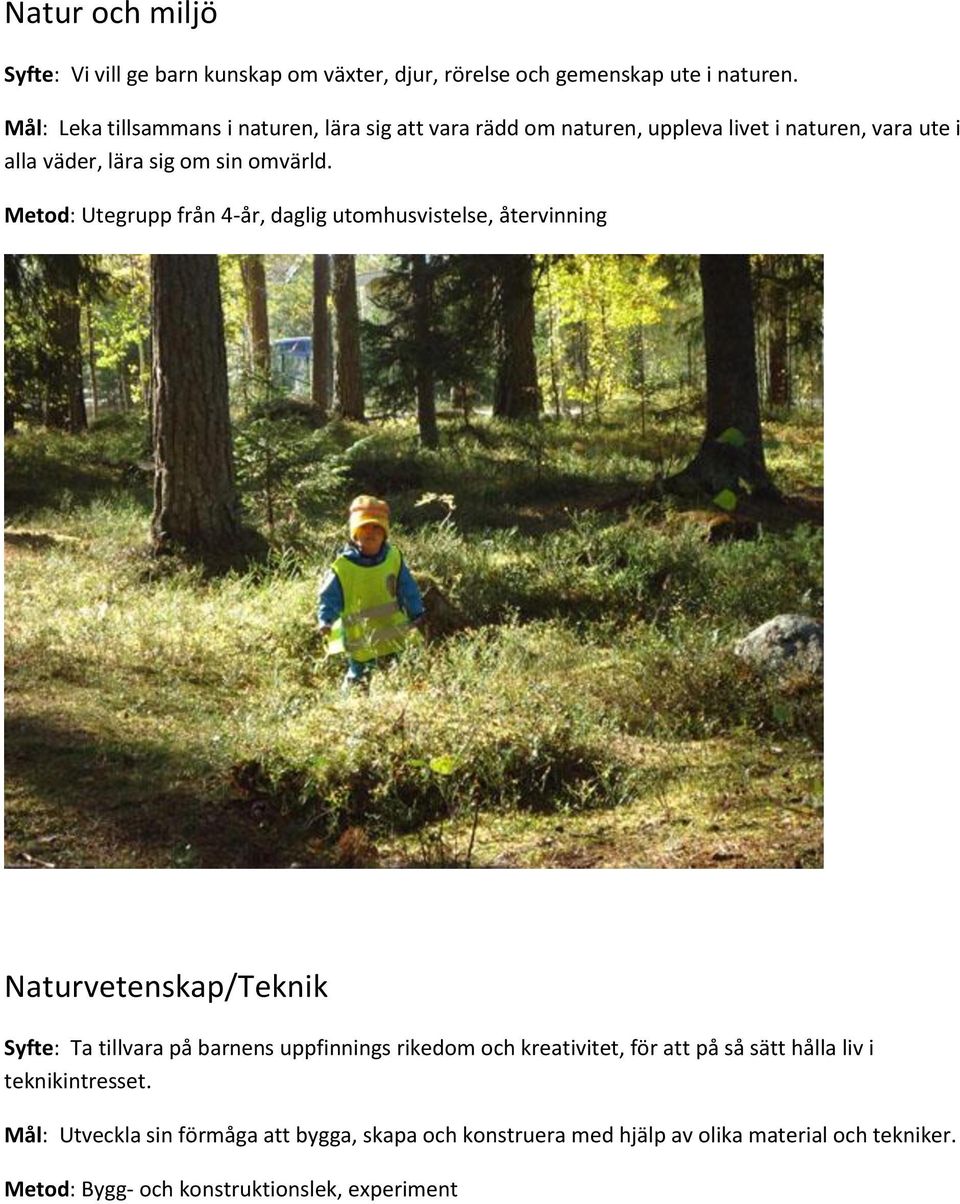 Metod: Utegrupp från 4-år, daglig utomhusvistelse, återvinning Naturvetenskap/Teknik Syfte: Ta tillvara på barnens uppfinnings rikedom och