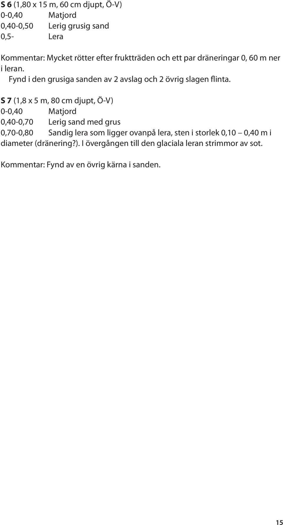 S 7 (1,8 x 5 m, 80 cm djupt, Ö-V) 0-0,40 Matjord 0,40-0,70 Lerig sand med grus 0,70-0,80 Sandig lera som ligger ovanpå lera, sten