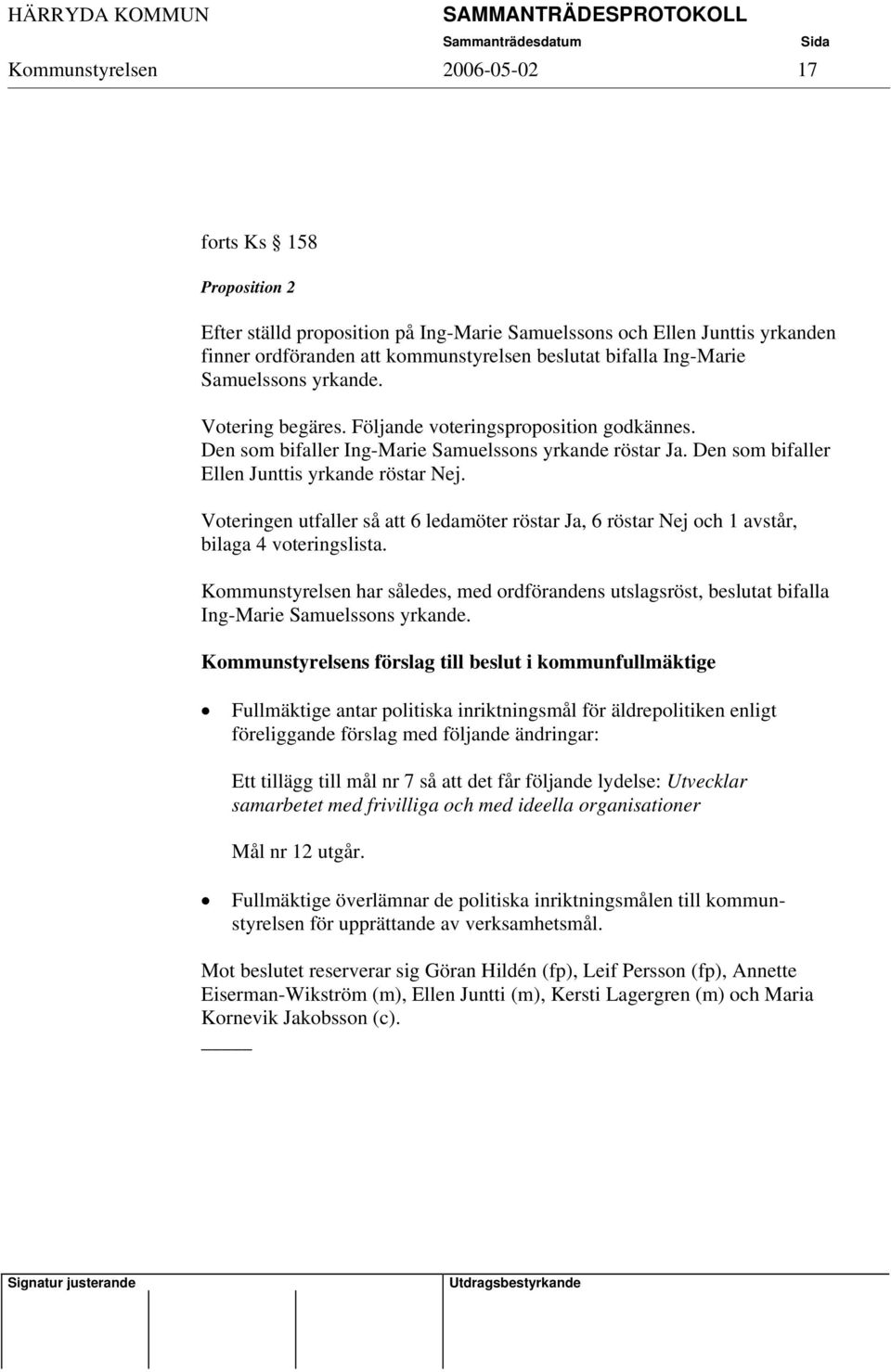 Voteringen utfaller så att 6 ledamöter röstar Ja, 6 röstar Nej och 1 avstår, bilaga 4 voteringslista.