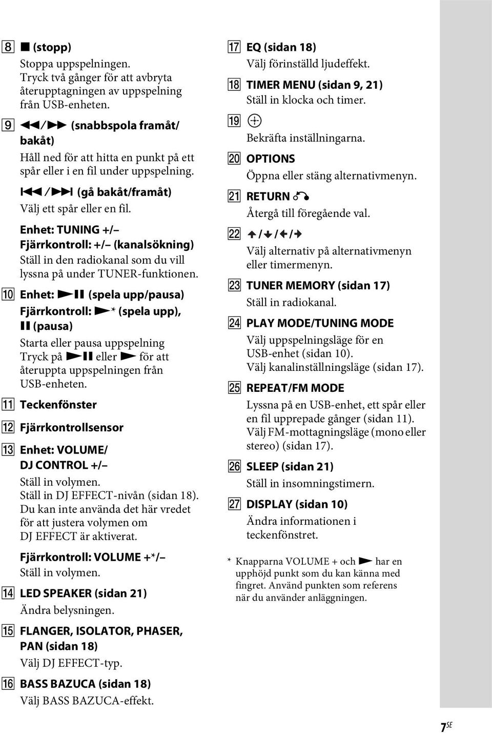 Enhet: TUNING +/ Fjärrkontroll: +/ (kanalsökning) Ställ in den radiokanal som du vill lyssna på under TUNER-funktionen.