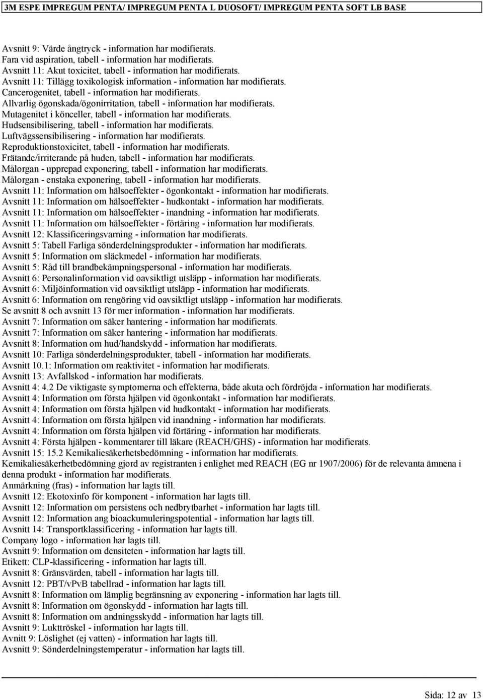 Allvarlig ögonskada/ögonirritation, tabell - information har modifierats. Mutagenitet i könceller, tabell - information har modifierats. Hudsensibilisering, tabell - information har modifierats.