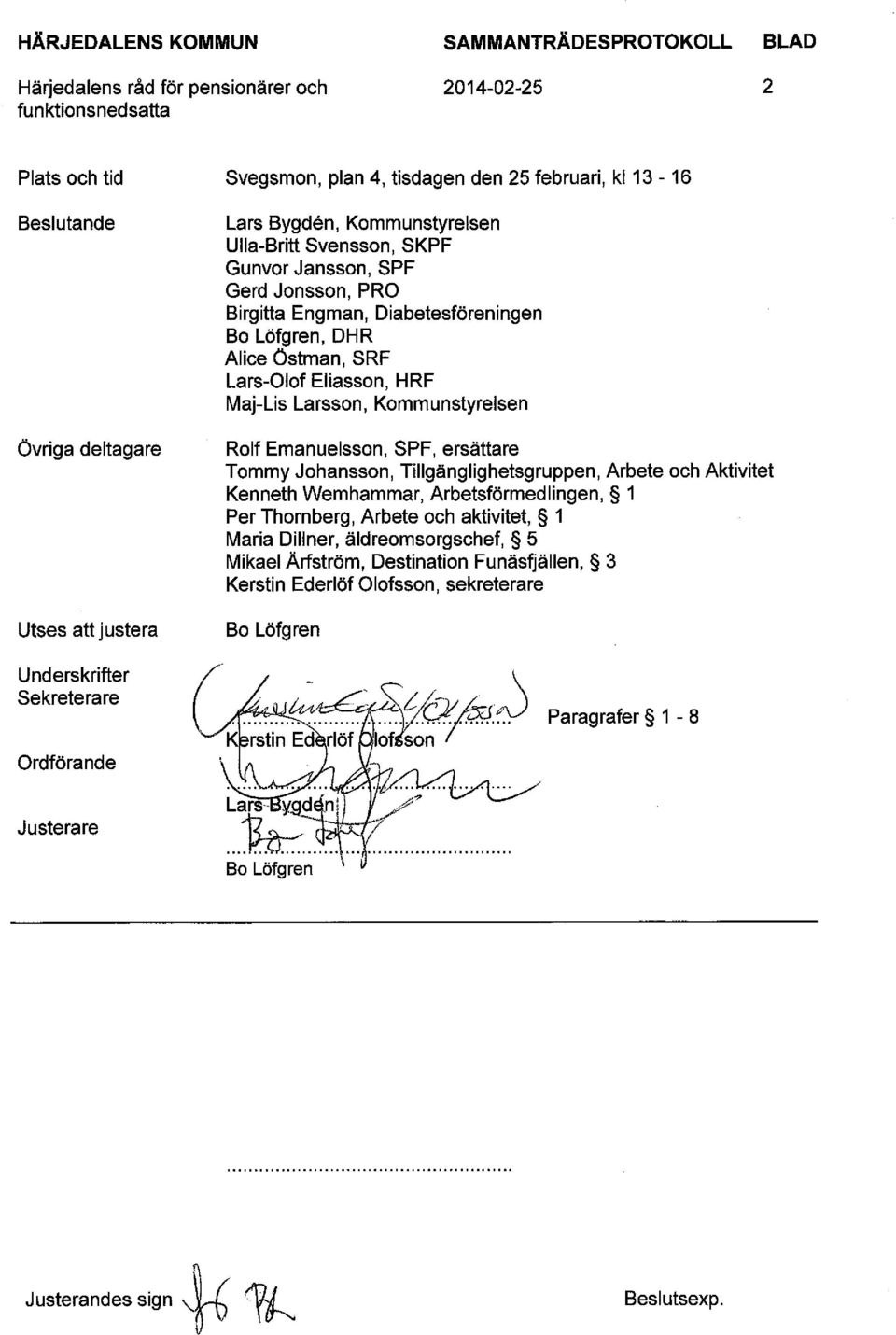 Kommunstyrelsen Rolf Emanuelsson, SPF, ersättare Tommy Johansson, Tillgänglighetsgruppen, Arbete och Aktivitet Kenneth Wemhammar, Arbetsförmedlingen, 1 Per Thornberg, Arbete och