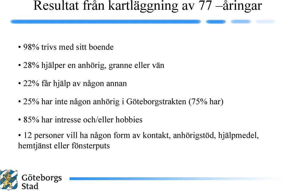 anhörig i Göteborgstrakten (75% har) 85% har intresse och/eller hobbies 12
