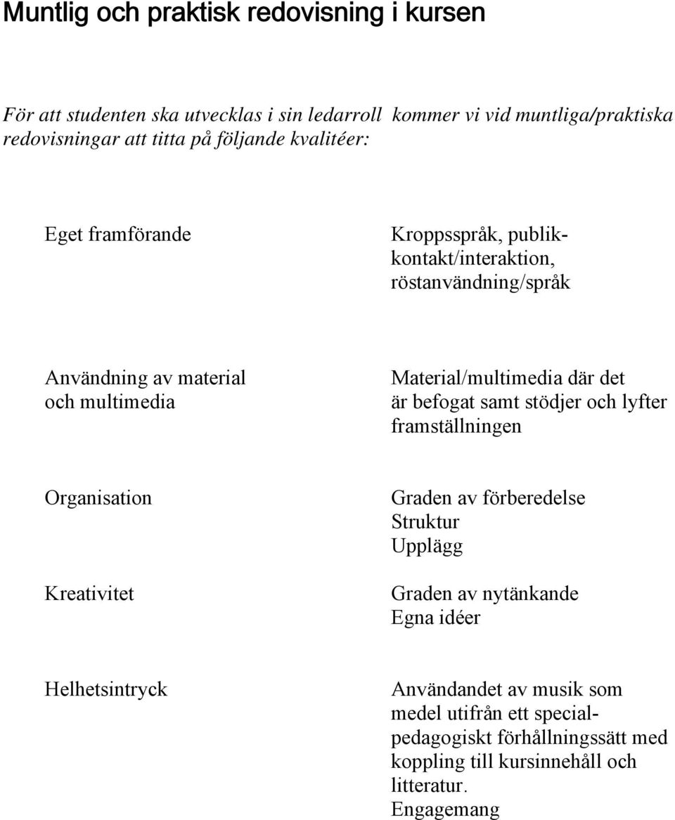 Material/multimedia där det är befogat samt stödjer och lyfter framställningen Organisation Kreativitet Graden av förberedelse Struktur Upplägg Graden av