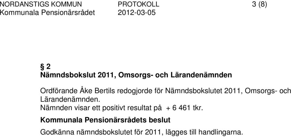 Omsorgs- och Lärandenämnden. Nämnden visar ett positivt resultat på + 6 461 tkr.