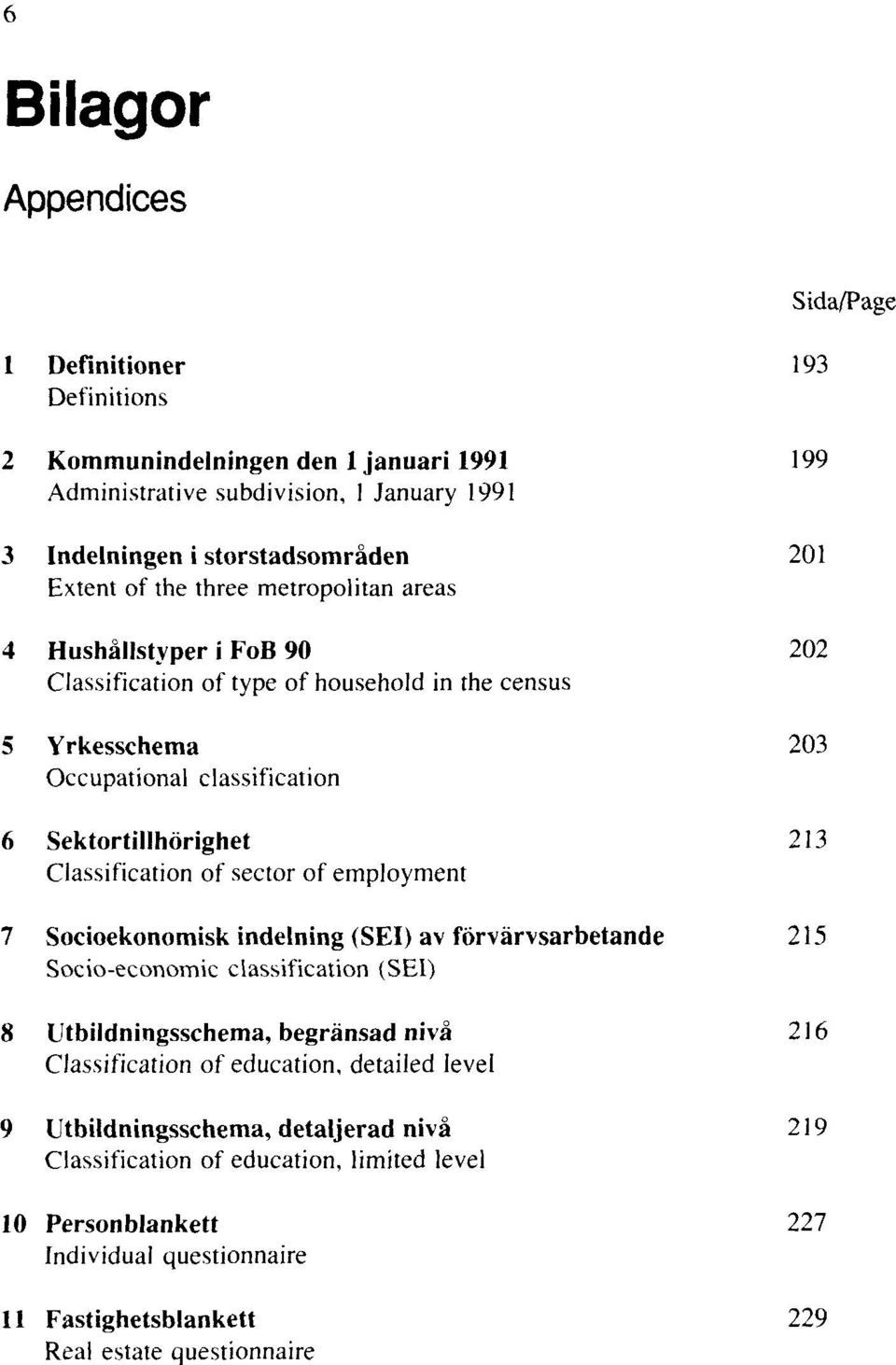 Classification of sector of employment 7 Socioekonomisk indelning (SEI) av förvärvsarbetande 215 Socio-economic classification (SEI) 8 Utbildningsschema, begränsad nivå 216 Classification of