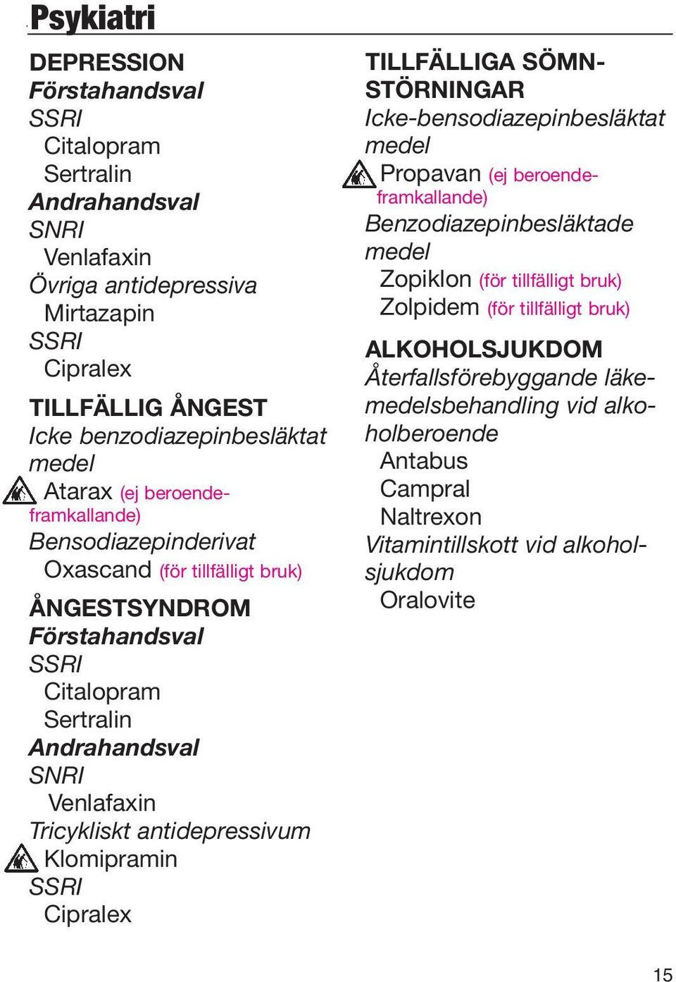 Venlafaxin Tricykliskt antidepressivum Klomipramin SSRI Cipralex TILLFÄLLIGA SÖMN- STÖRNINGAR Icke-bensodiazepinbesläktat medel Propavan (ej beroendeframkallande) Benzodiazepinbesläktade medel