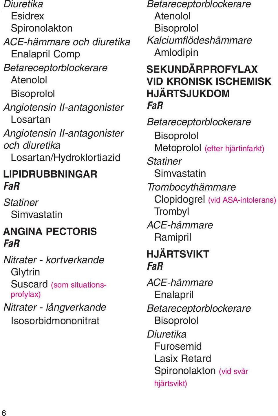 Statiner Simvastatin ANGINA PECTORIS FaR Nitrater - kortverkande Glytrin Suscard (som situationsprofylax) Nitrater - långverkande Isosorbidmononitrat Betareceptorblockerare Bisoprolol Metoprolol