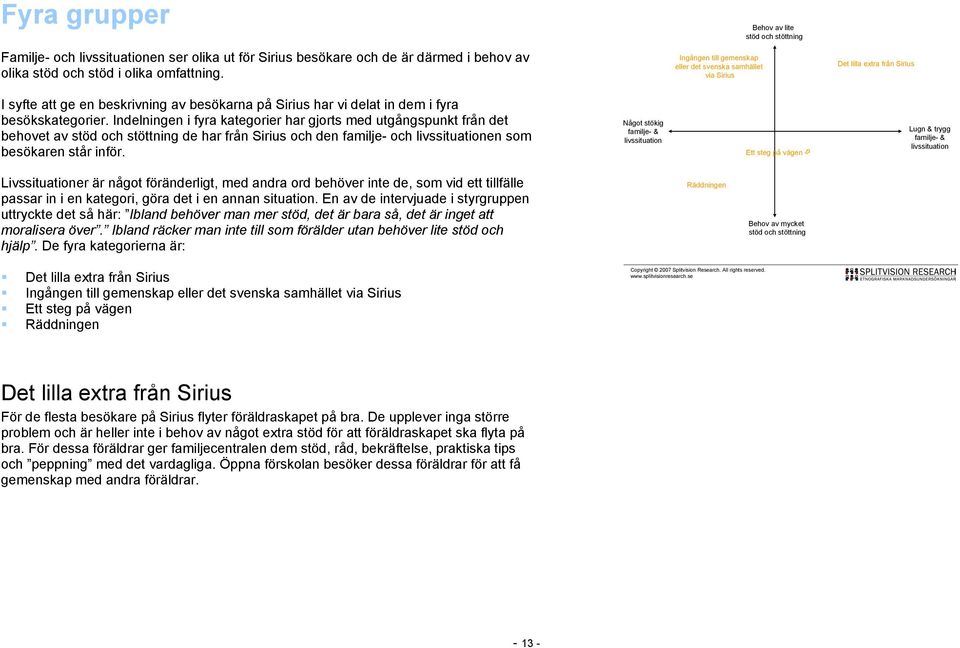 Indelningen i fyra kategorier har gjorts med utgångspunkt från det behovet av stöd och stöttning de har från Sirius och den familje- och livssituationen som besökaren står inför.