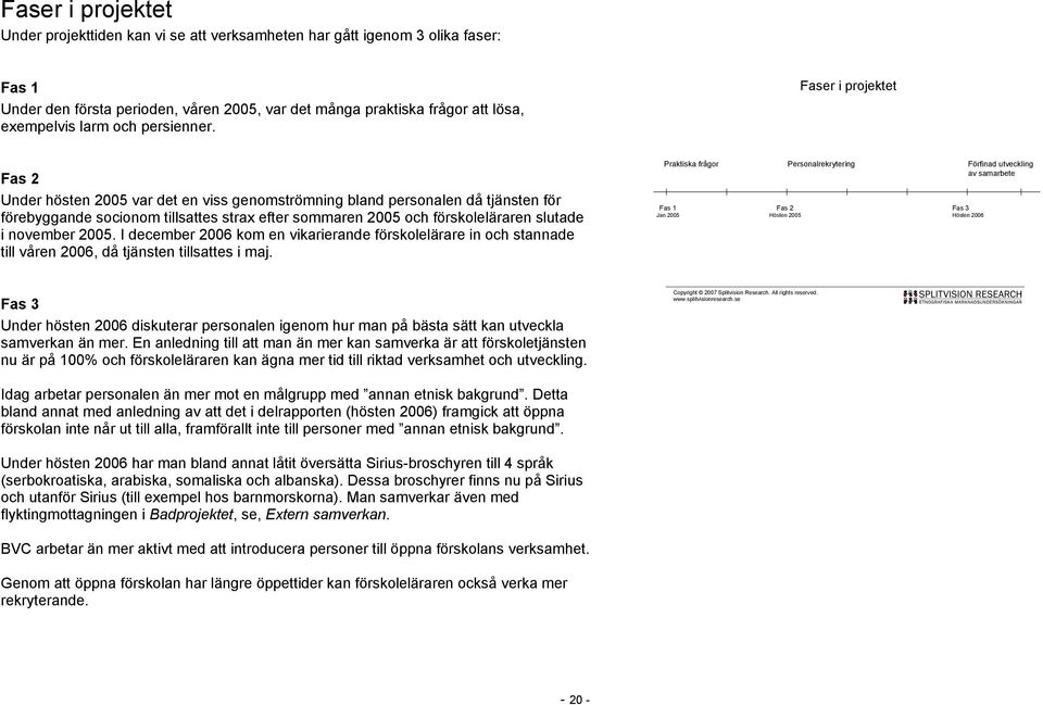 Faser i projektet Fas 2 Under hösten 2005 var det en viss genomströmning bland personalen då tjänsten för förebyggande socionom tillsattes strax efter sommaren 2005 och förskoleläraren slutade i