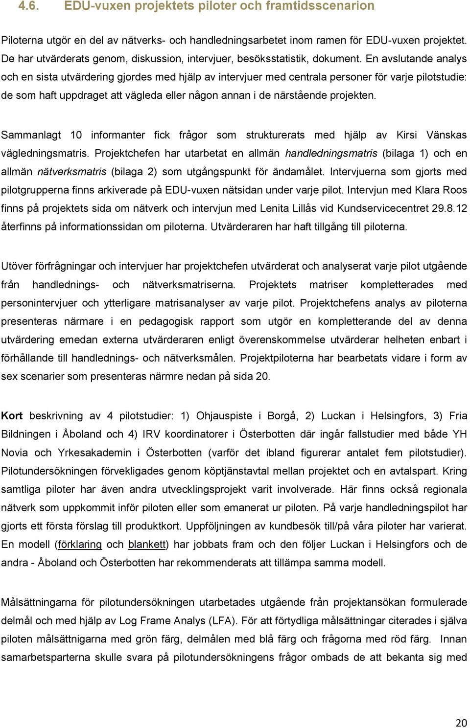 En avslutande analys och en sista utvärdering gjordes med hjälp av intervjuer med centrala personer för varje pilotstudie: de som haft uppdraget att vägleda eller någon annan i de närstående