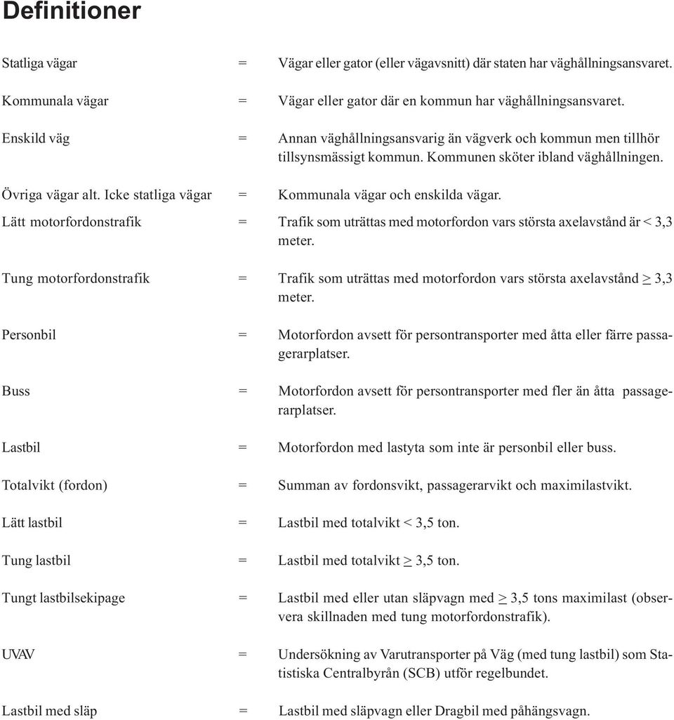 Icke statliga vägar = Kommunala vägar och enskilda vägar. Lätt motorfordonstrafik = Trafik som uträttas med motorfordon vars största axelavstånd är < 3,3 meter.