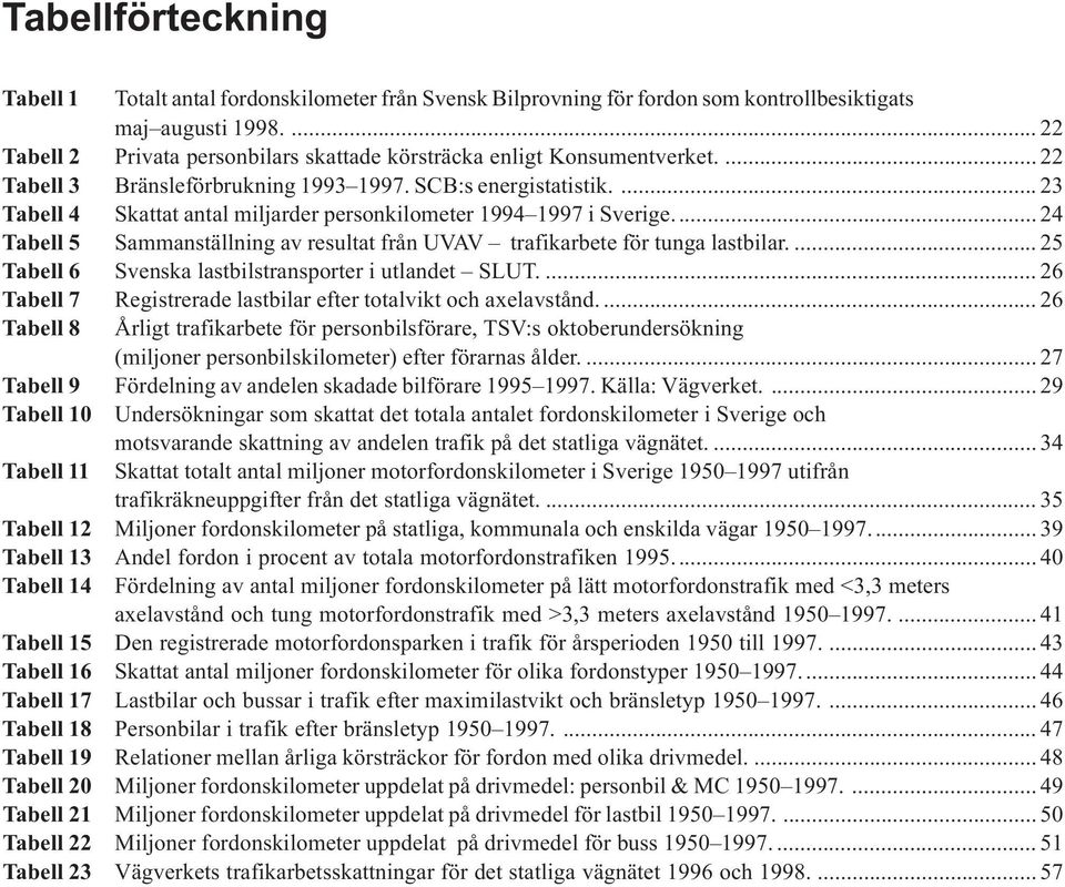 ... 23 Tabell 4 Skattat antal miljarder personkilometer 1994 1997 i Sverige... 24 Tabell 5 Sammanställning av resultat från UVAV trafikarbete för tunga lastbilar.