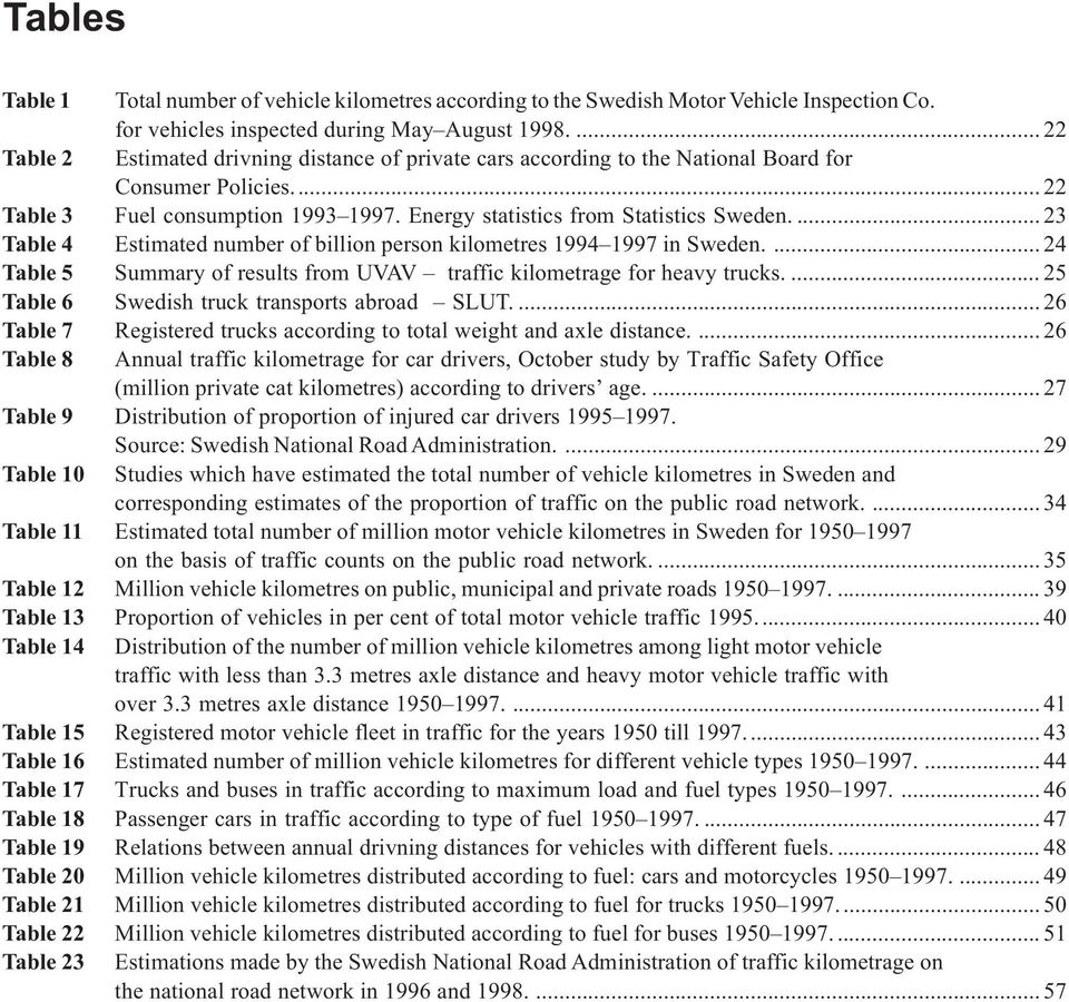 ... 23 Table 4 Estimated number of billion person kilometres 1994 1997 in Sweden.... 24 Table 5 Summary of results from UVAV traffic kilometrage for heavy trucks.