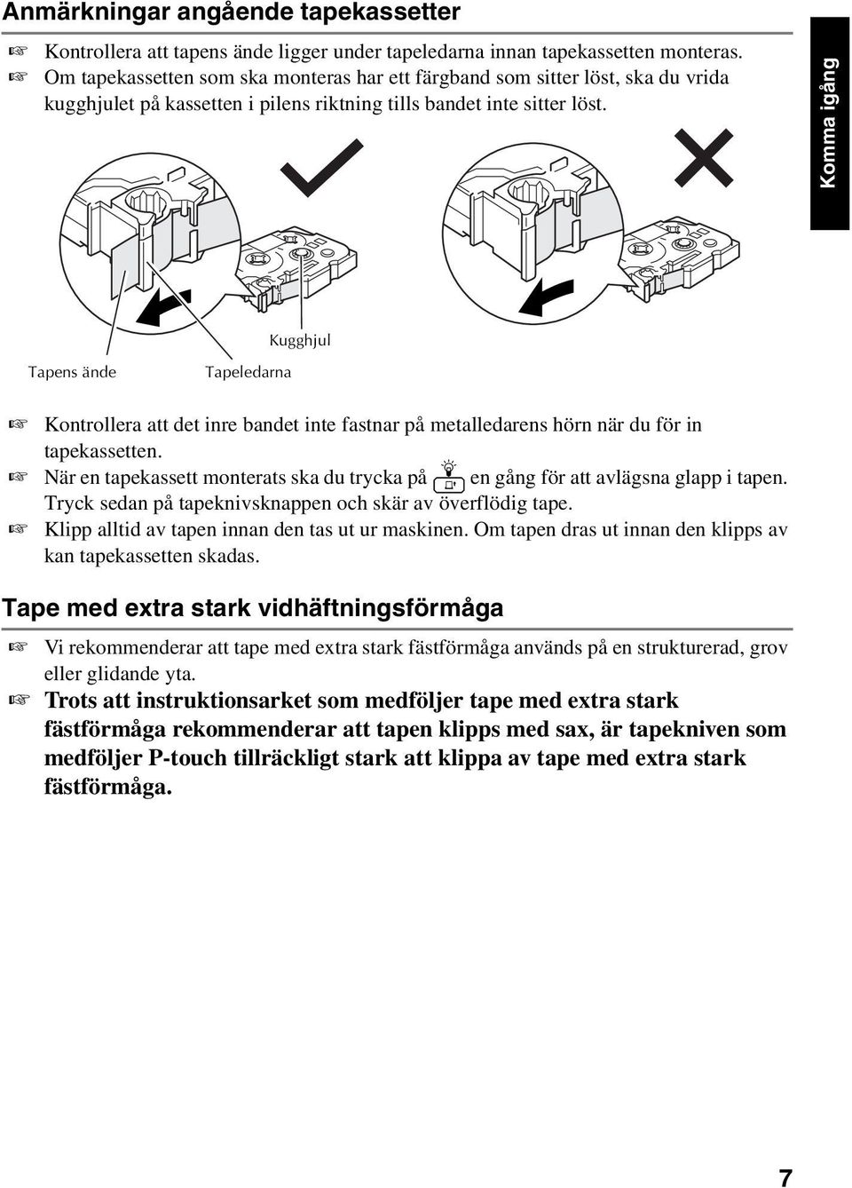 Komma igång Kugghjul Tapens ände Tapeledarna Kontrollera att det inre bandet inte fastnar på metalledarens hörn när du för in tapekassetten.