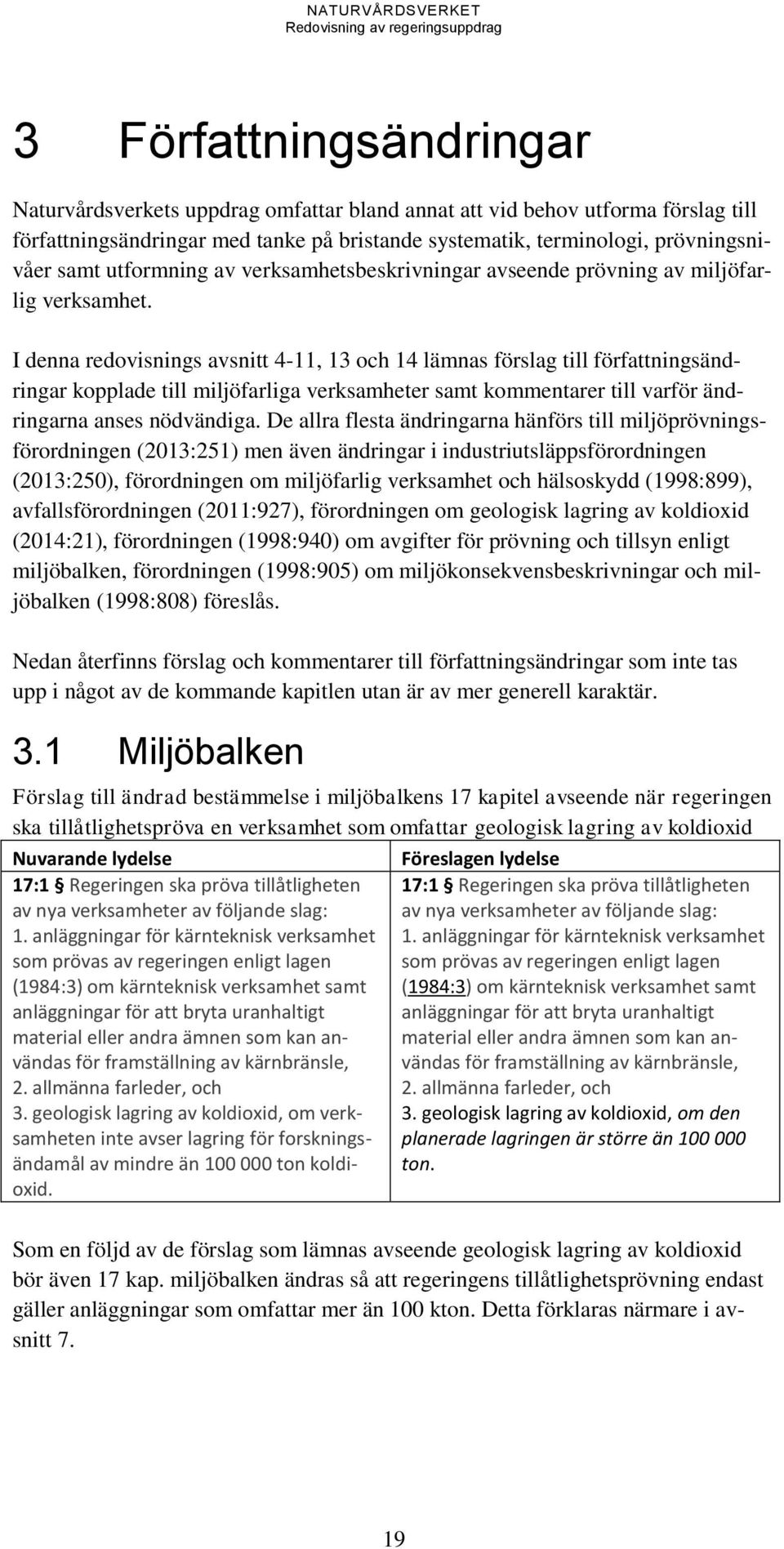 I denna redovisnings avsnitt 4-11, 13 och 14 lämnas förslag till författningsändringar kopplade till miljöfarliga verksamheter samt kommentarer till varför ändringarna anses nödvändiga.