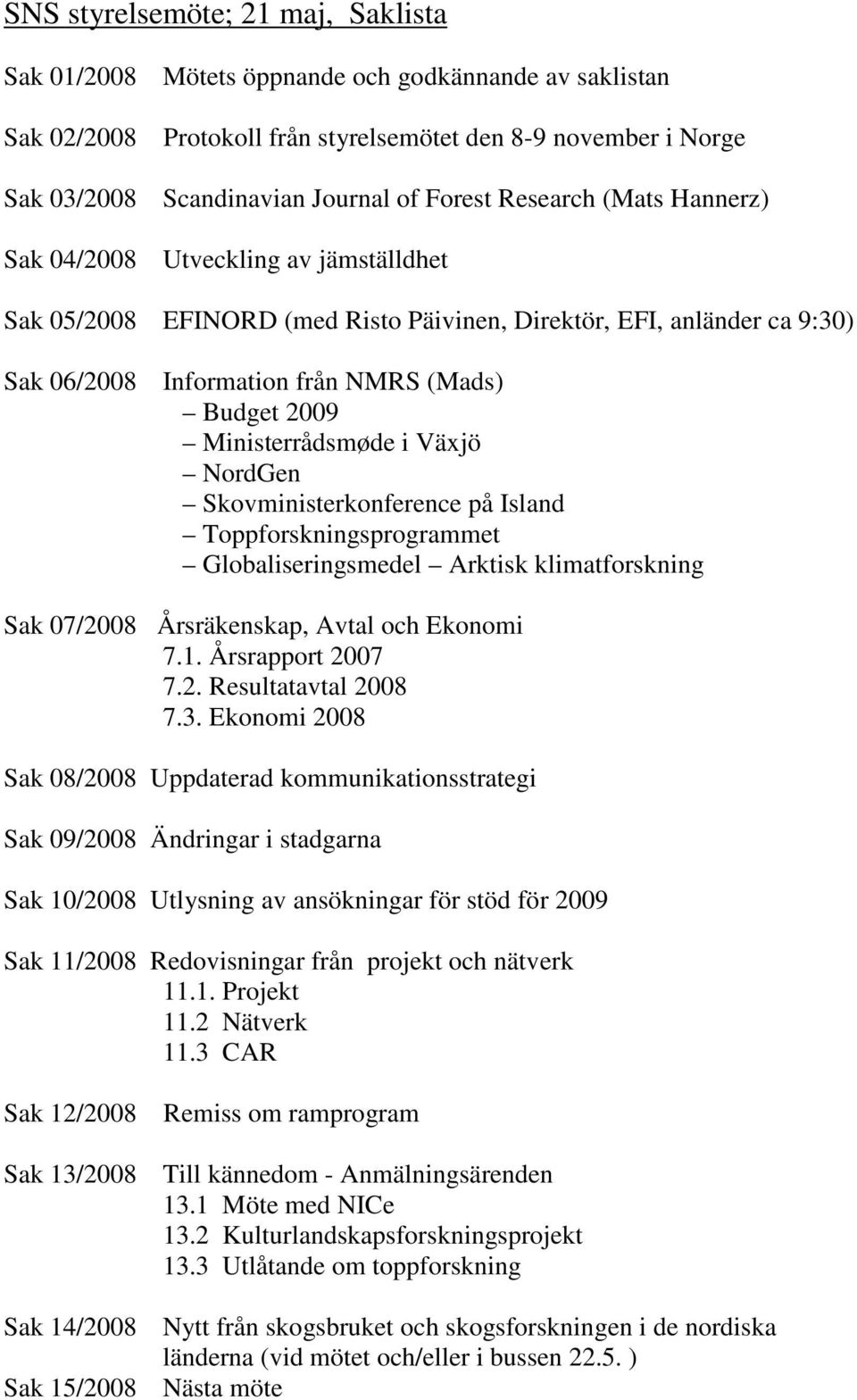 Ministerrådsmøde i Växjö NordGen Skovministerkonference på Island Toppforskningsprogrammet Globaliseringsmedel Arktisk klimatforskning Sak 07/2008 Årsräkenskap, Avtal och Ekonomi 7.1.