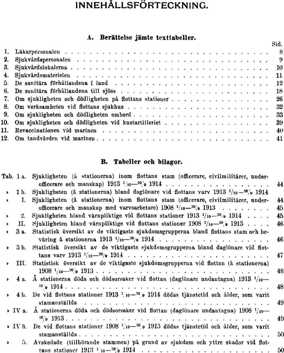 Om sjukligheten och dödligheten vid kustartilleriet 39 11. Revaccinationen vid marinen 40 12. Om tandvården vid marinen 41 B. Tabeller och bilagor. Tab. 1 a.